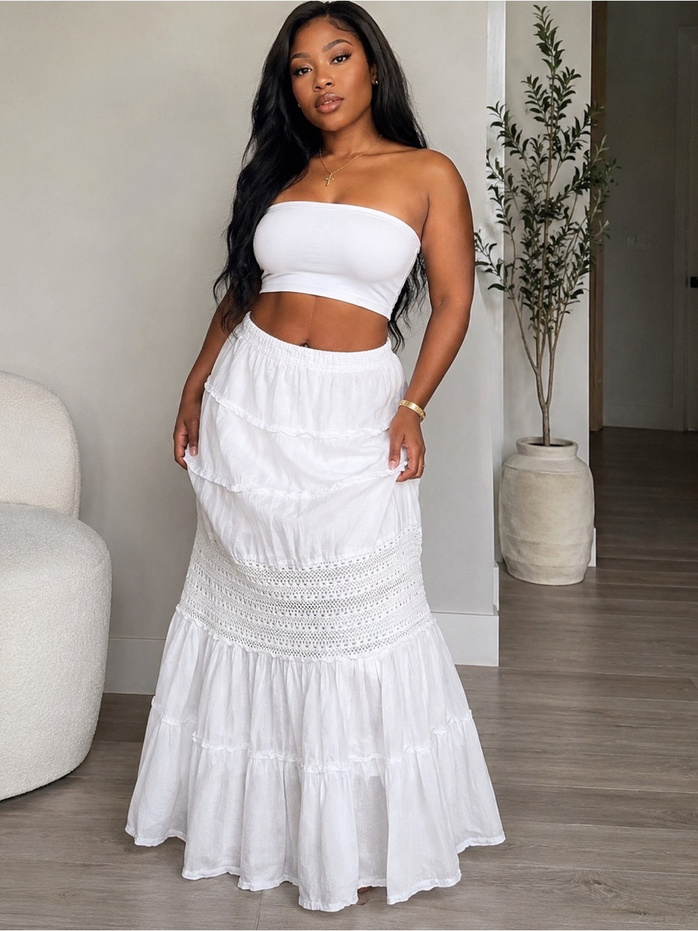 Eden & Olivia White Tiered Crochet Maxi Skirt